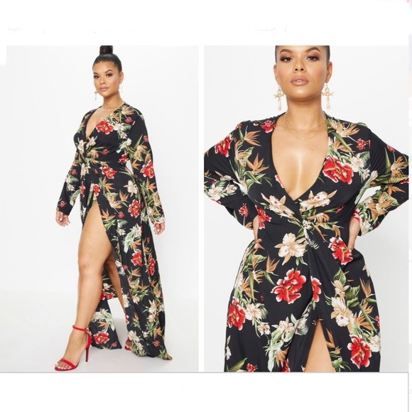 PrettyLittleThings black floral twist front maxi dress - Picture 2 of 7